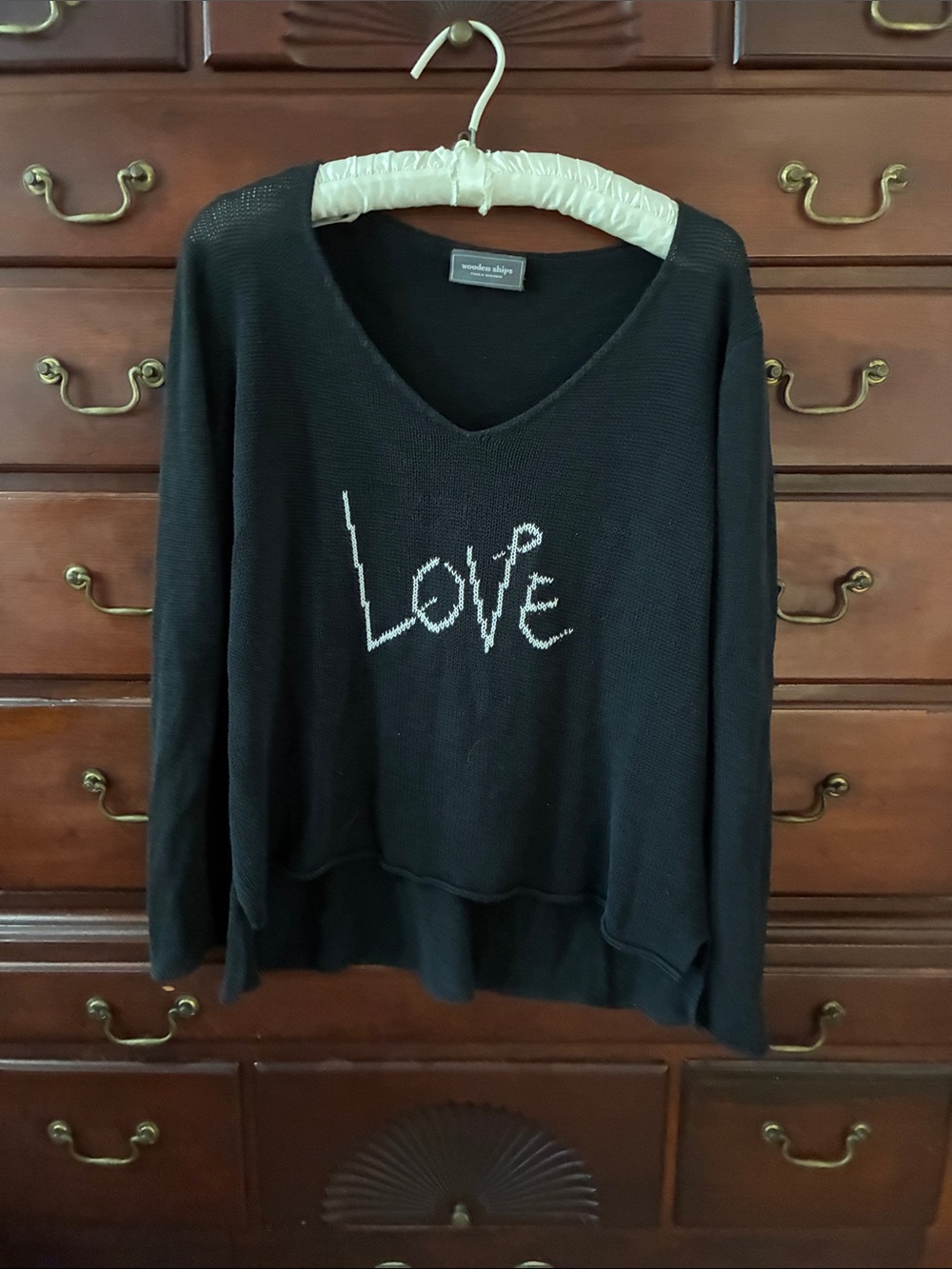 Wooden Ships Black Scoop Neck Sweater with White "LOVE" Script